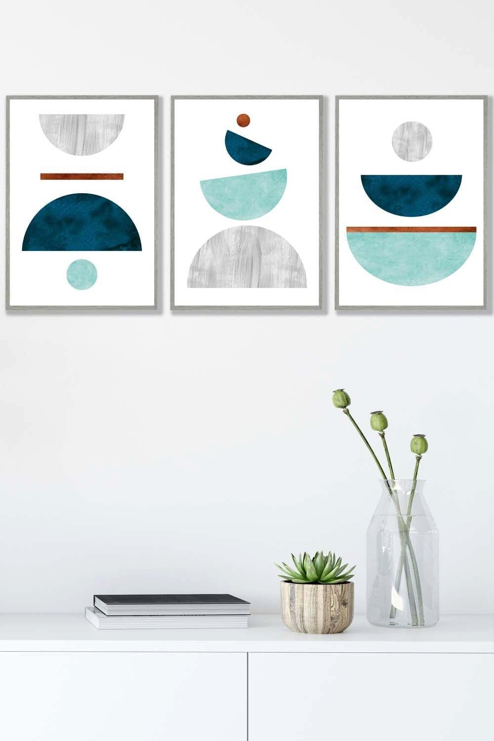 Teal, Mint Green and Grey Abstract Mid Century Geometric Framed Wall Art - Medium